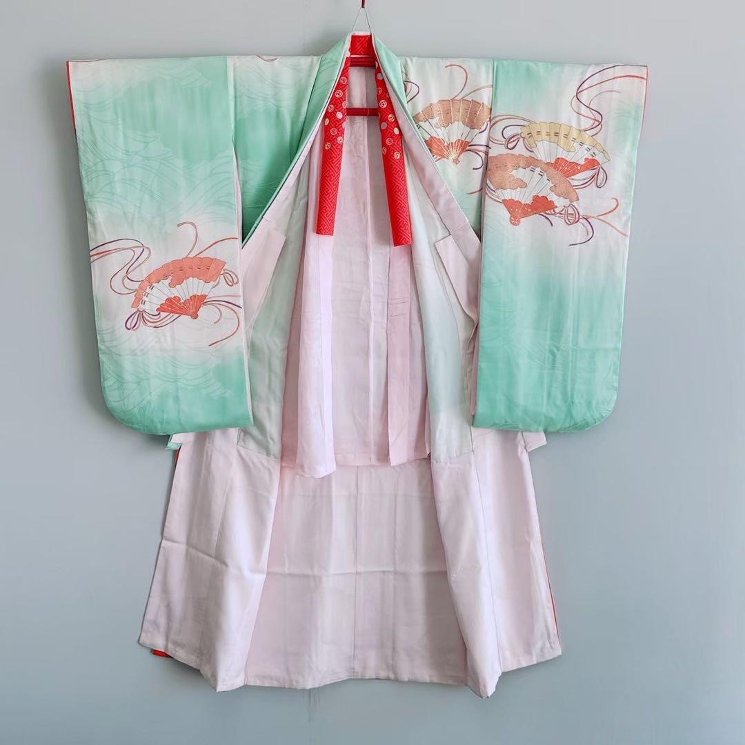 フルセット　七五三　７歳女の子　若草色　扇金糸　黒袋帯のし　半衿付長襦袢7075