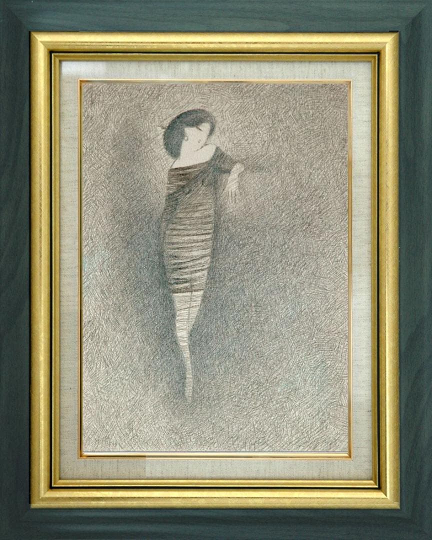 油絵 菅家令子 絵 絵画インテリア額付(青緑＋金色の枠) F3-010111