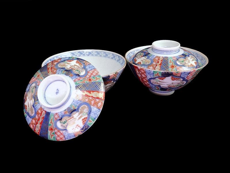 九谷 大聖寺伊万里 金襴手 山水 紋章の図 蓋茶碗 2客 361AS-DAl